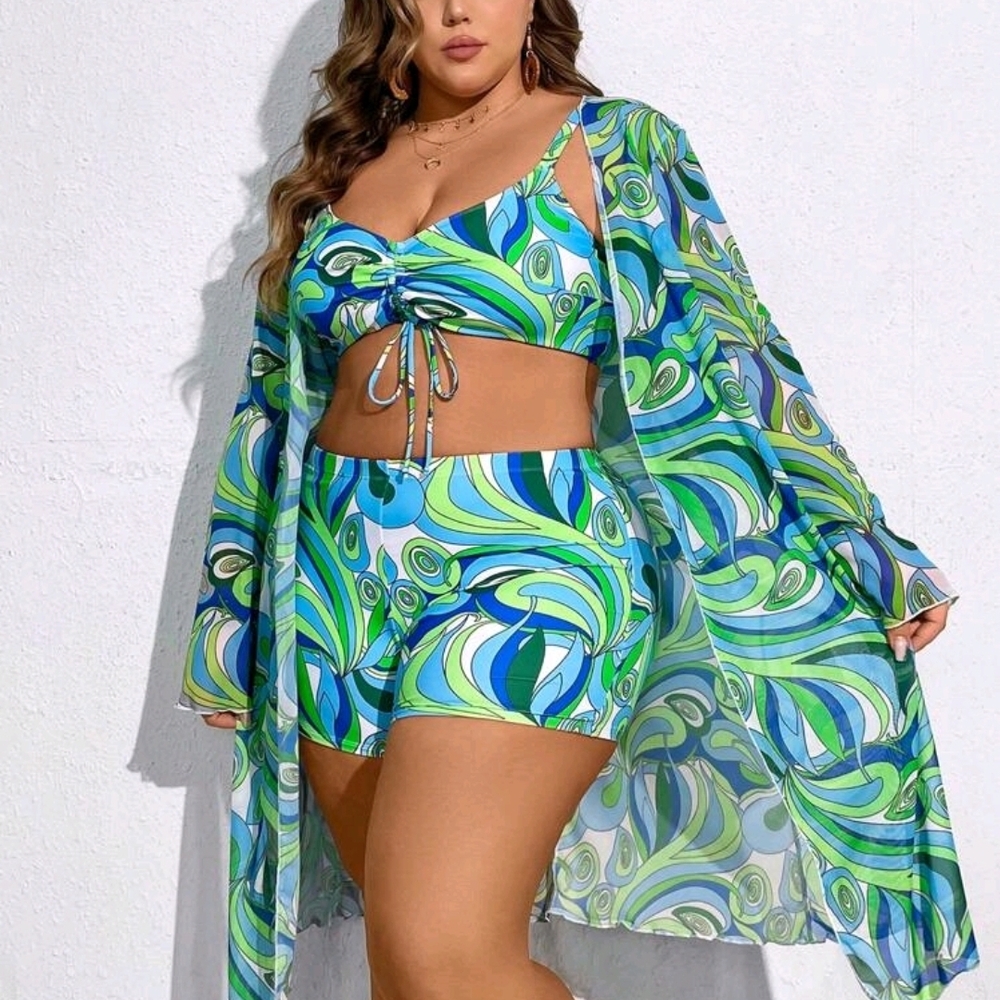 Shein FIT+ Green and Blue Paisley Swirl Women's Bikini And Coverup 7x 30/32w
